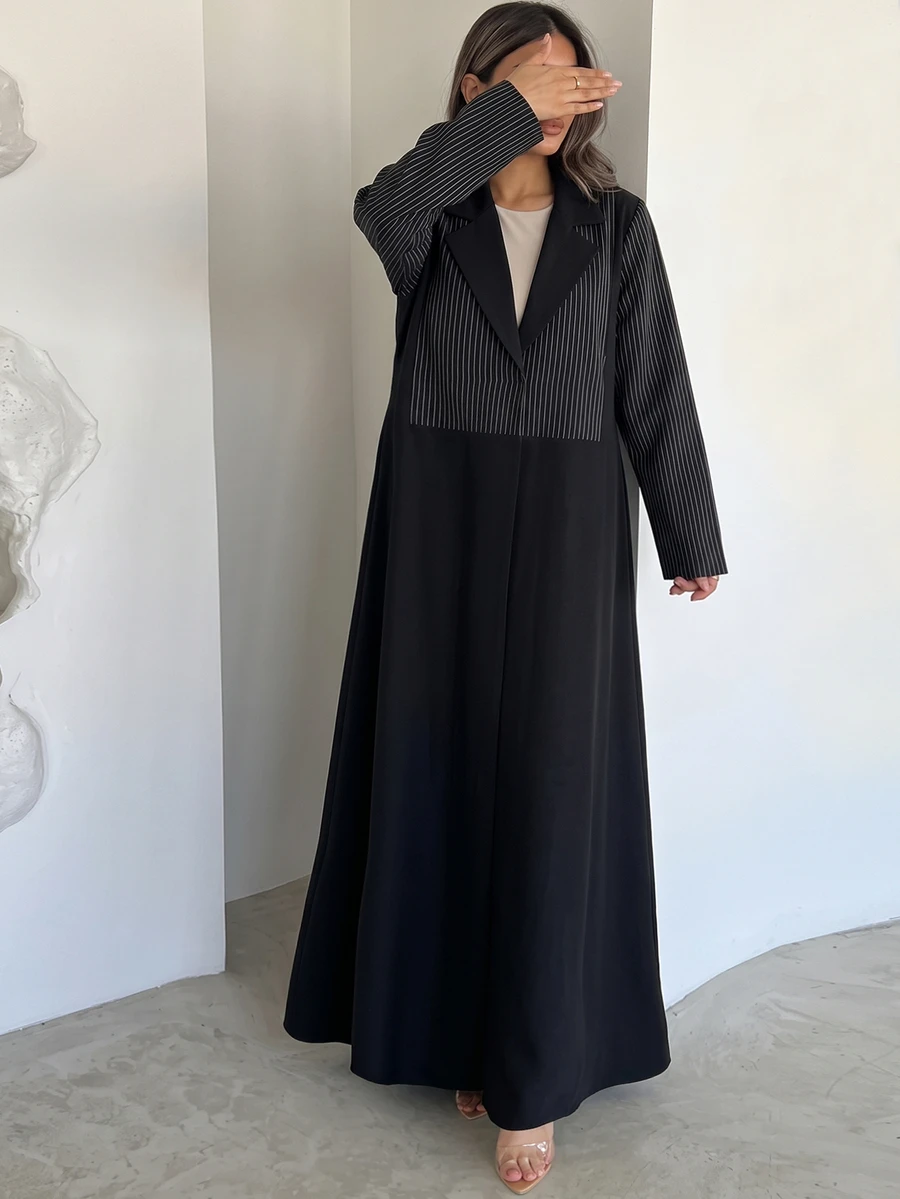 Yasveil عباية عربية نسائية سوداء منسوجة مخططة بأكمام طويلة أنيقة ومحافظة