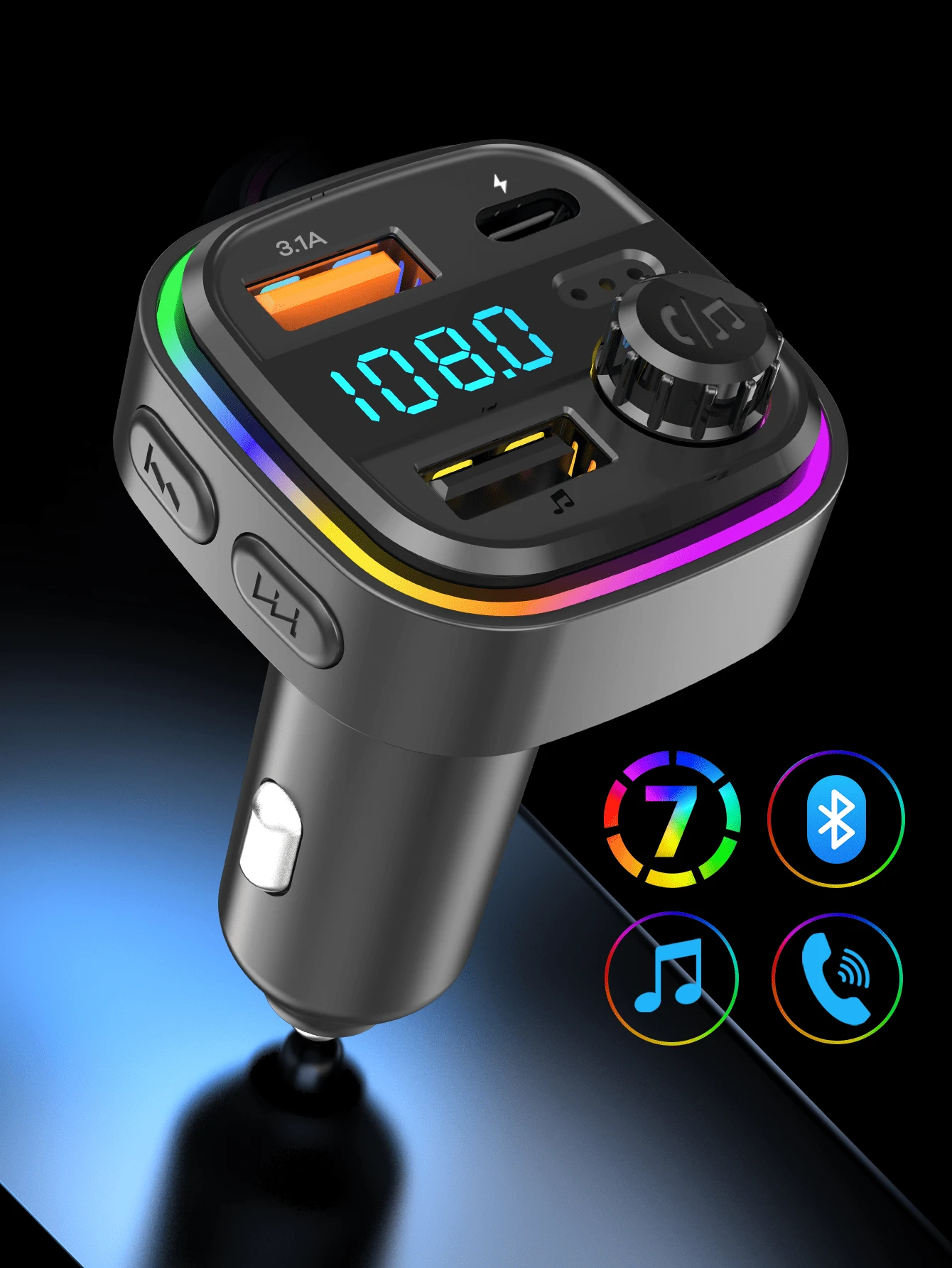 REMAX محول بلوتوث للسيارة USB-C & جهاز إرسال FM مع إضاءة خلفية LED ملونة، شحن سريع 15W مع USB-C PD & QC3.0، ميكروفون HD مدمج للمكا...