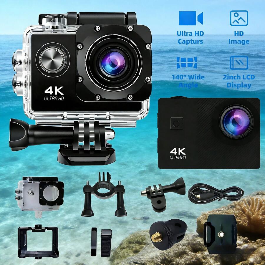 كاميرا رياضية 4K فائقة الوضوح - كاميرا غوص مضادة للماء بزاوية واسعة 1.8 ميجابكسل مع استقرار، كاميرا دراجة نارية/هوائية، كاميرا فلو...