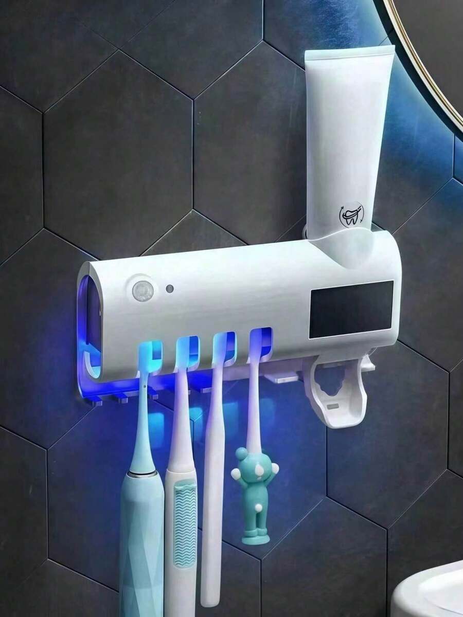 قاعدة/حامل فرشاة أسنان ذكية بيضاء لا تحتاج ثقب قطعة واحدة، شاحن USB، معصر معجون أسنان أوتوماتيكي متعدد الوظائف، مجموعة حمام يمكن أ...