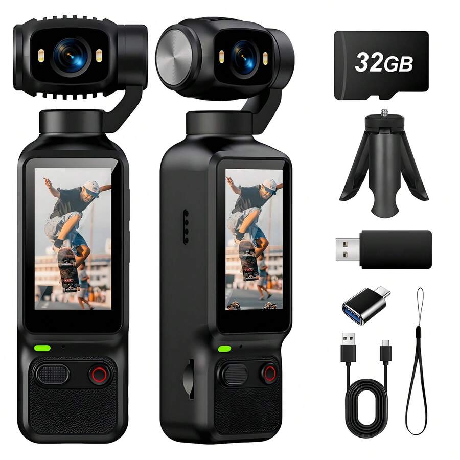 كاميرا جيب لتسجيل الفيديو بدقة 4K HD - بطارية 1800mAh، شاشة دوارة 180 درجة مقاس 1.9 بوصة، كاميرا ويب، منفذ شحن USB-C، بطاقة ذاكرة...