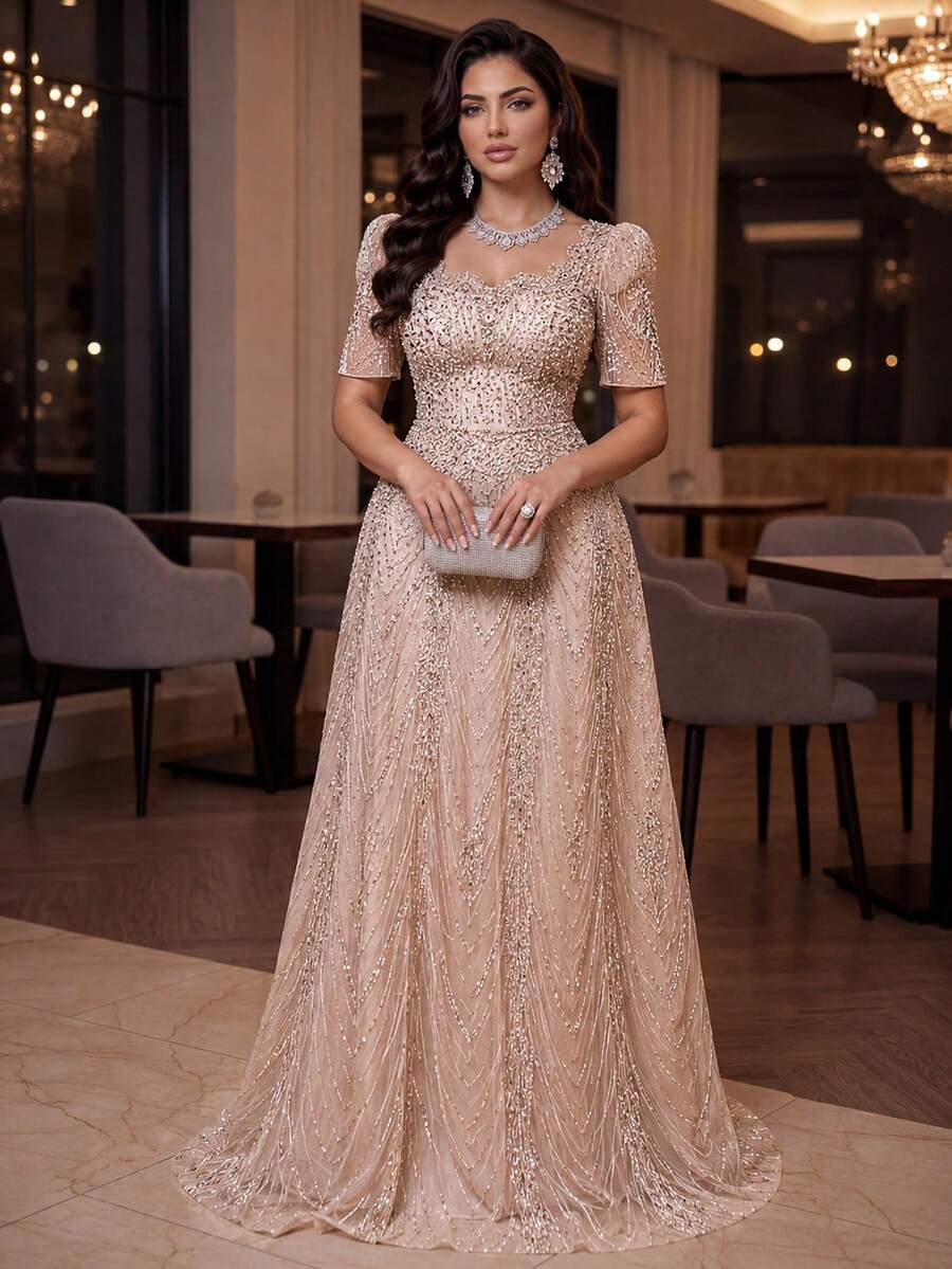 Auveirra فستان سهرة رسمي أنيق باللون الذهبي الشمبانيا للصيف، مقاس كبير، بياقة مربعة وأكمام قصيرة، مزين بالراينستون واللؤلؤ، شفاف ب...