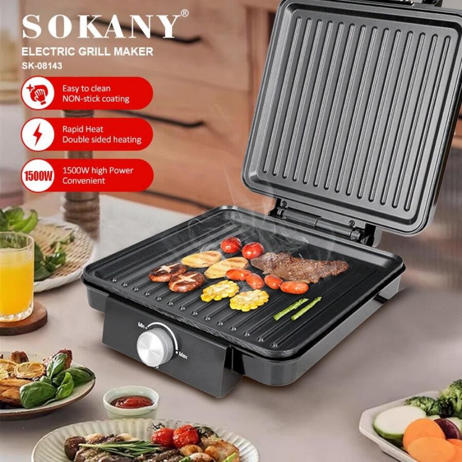 شواية كهربائية SOKANY SK-08143، 1500 واط، تسخين ثنائي الجانب، 3 إعدادات درجة حرارة، مقبض مقاوم للحرارة، سهلة التنظيف، لطهي اللحم و...