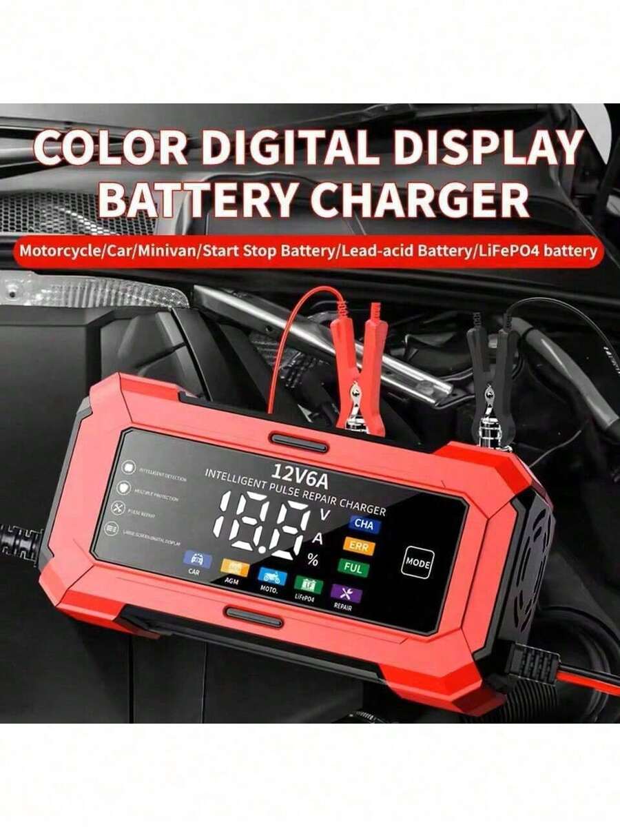 1 قطعة، شاحن بطارية ذكي بشاشة LCD 12V 6A، شاحن بطارية الدراجة النارية، للاتحاد الأوروبي/الولايات المتحدة، 110V-240V~، عرض الجهد، ت...