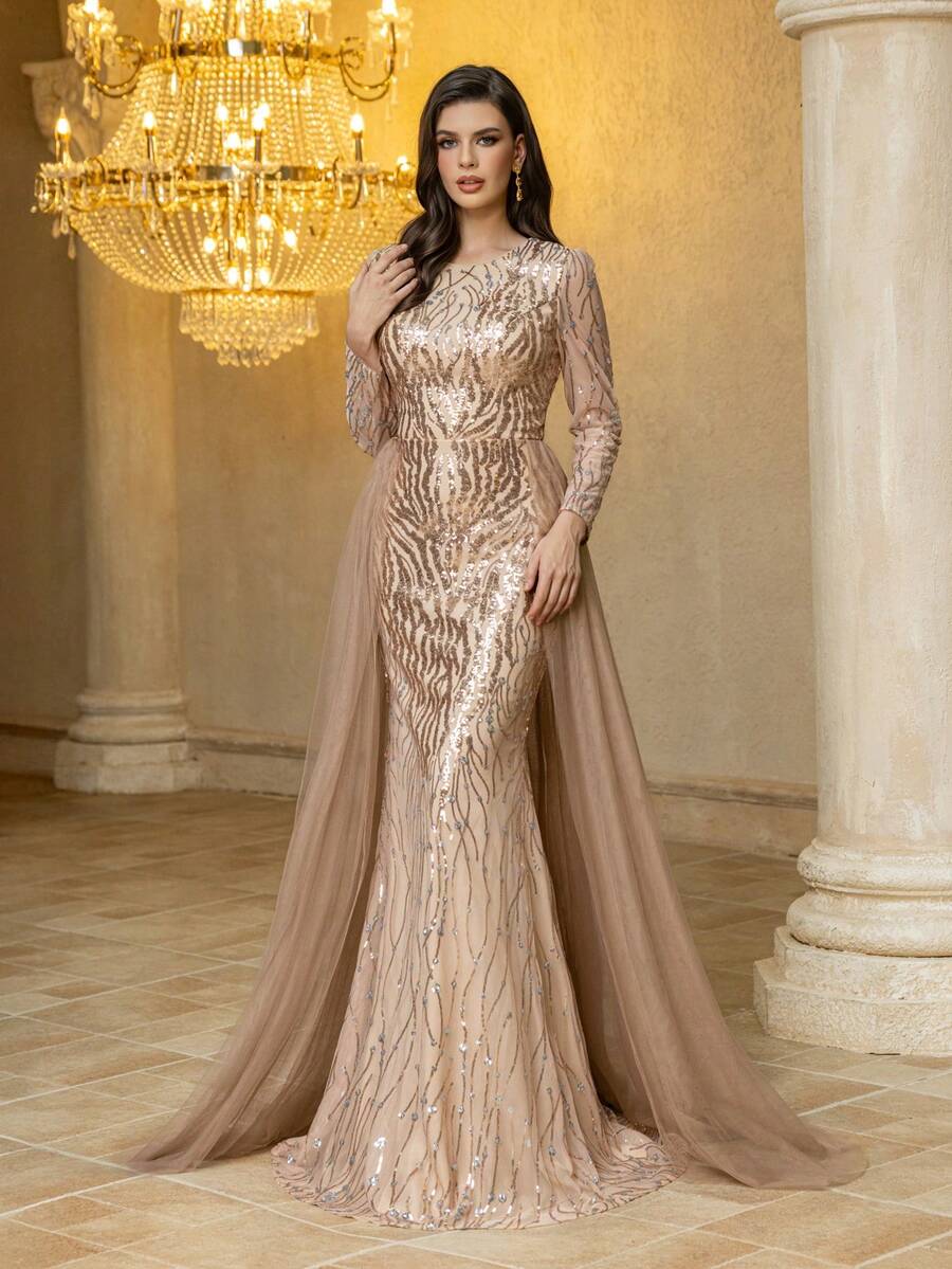 Elisanya فستان سهرة ماكسي تفصيل طويل الأكمام بياقة مستديرة للنساء، بتطعيمات من القطع العشوائية مخملي ولمعان والقماش الشبكي، متناسق...