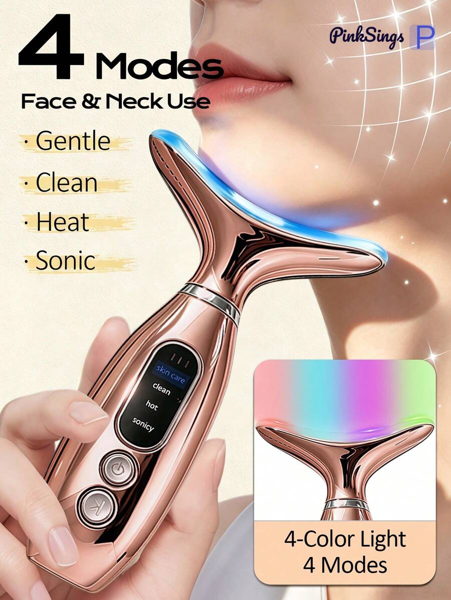 PinkSings جهاز تجميل محمول قابل للشحن للوجه والرقبة، 4 ألوان و4 أوضاع مع وظيفة تدليك الرقبة بالاهتزاز، أداة تنظيف العناية بالبشرة...